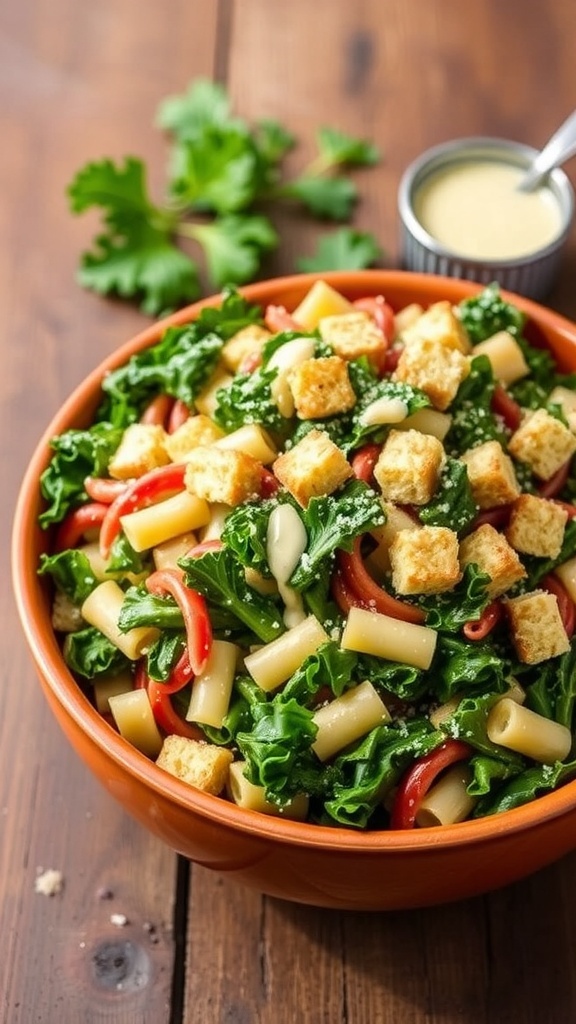 A bowl of Kale Caesar Pasta Salad with kale, pasta, Parmesan cheese, and croutons on a wooden table.